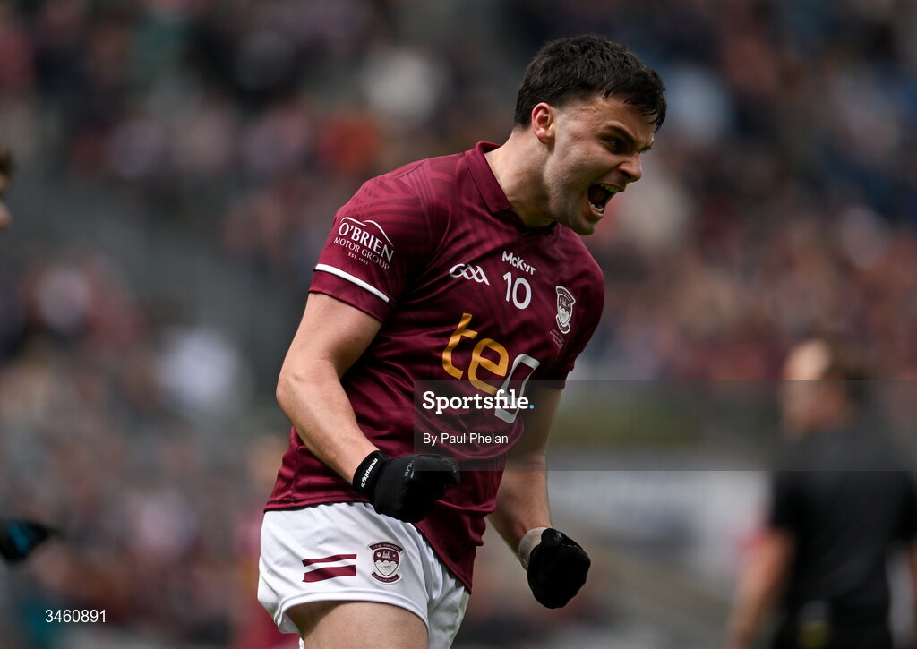 17 May 2026; Kevin O'Sullivan of Westmeath celebrates a score during the Leinster GAA Football Senior Championship final match between Dublin and Westmeath at Croke Park in Dublin. Photo by Paul Phelan/Sportsfile