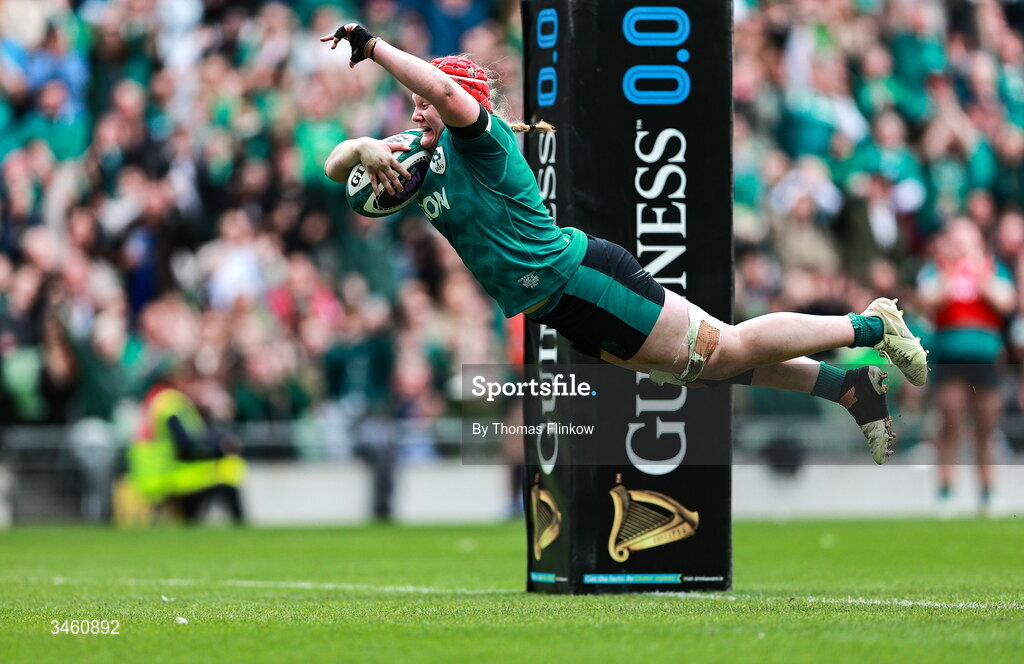 17 May 2026; Aoife Wafer of Ireland on her way to scoring her side's sixth try during the Women's 6 Nations Rugby Championship match between Ireland and Scotland at the Aviva Stadium in Dublin. Photo by Thomas Flinkow/Sportsfile