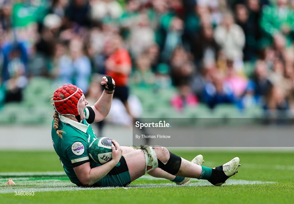 17 May 2026; Aoife Wafer of Ireland celebrates after scoring her side's sixth try during the Women's 6 Nations Rugby Championship match between Ireland and Scotland at the Aviva Stadium in Dublin. Photo by Thomas Flinkow/Sportsfile