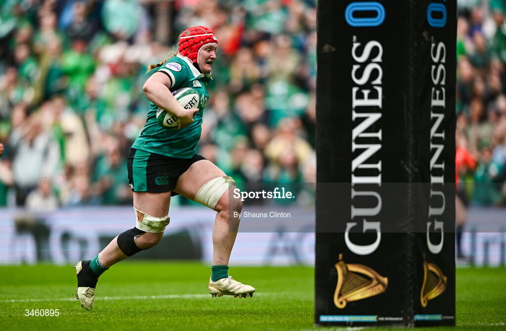 17 May 2026; Aoife Wafer of Ireland scores her side's sixth try during the Women's 6 Nations Rugby Championship match between Ireland and Scotland at the Aviva Stadium in Dublin. Photo by Shauna Clinton/Sportsfile