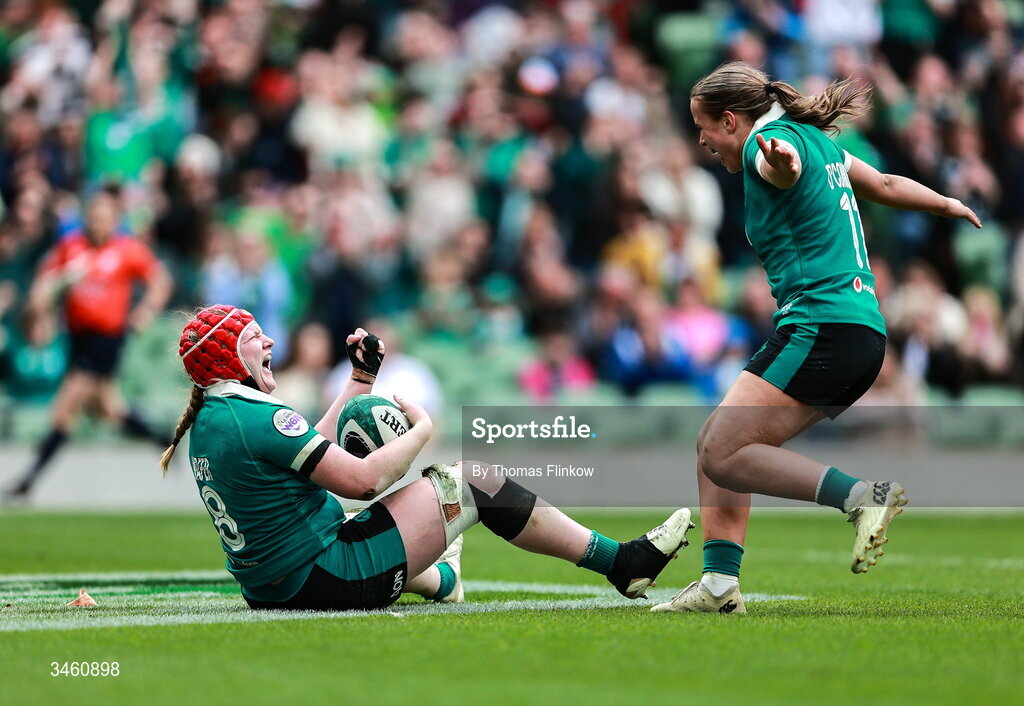 17 May 2026; Aoife Wafer of Ireland celebrates with teammate Robyn O'Connor after scoring her side's sixth try during the Women's 6 Nations Rugby Championship match between Ireland and Scotland at the Aviva Stadium in Dublin. Photo by Thomas Flinkow/Sportsfile