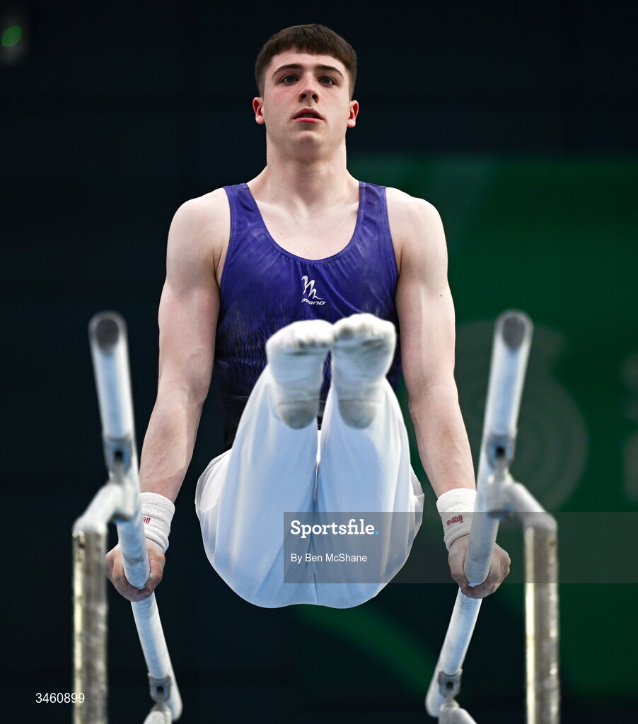 17 May 2026; Jack Sheehan of Excel GC competes in the Parallel Bars during the Gymnastics Ireland National Series Sport Ireland National Indoor Arena on the Sport Ireland Campus in Dublin.   Photo by Ben McShane/Sportsfile