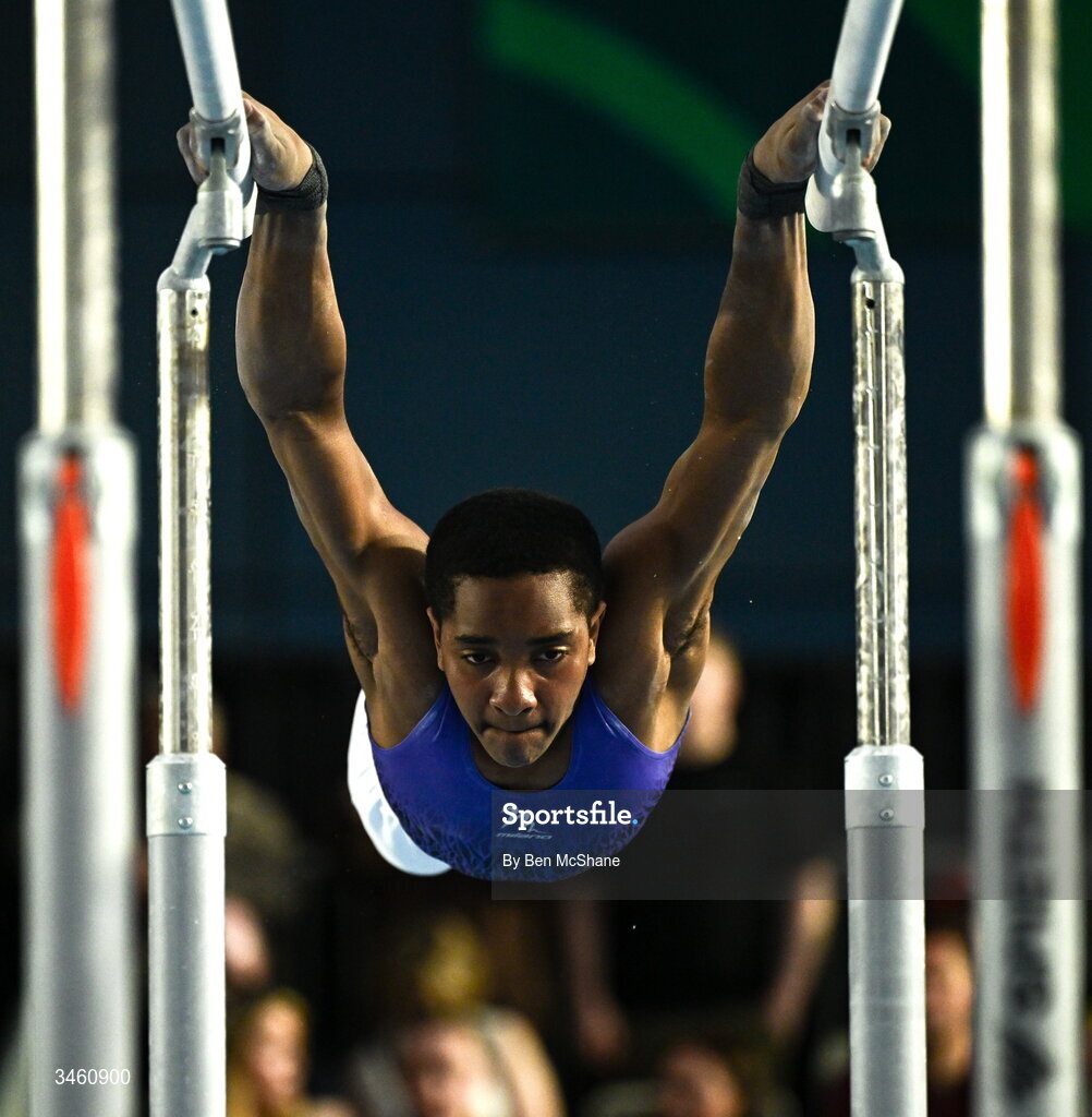17 May 2026; Frederick Davies-Vaneetvelde of Excel GC competes in the Parallel Bars during the Gymnastics Ireland National Series Sport Ireland National Indoor Arena on the Sport Ireland Campus in Dublin. Photo by Ben McShane/Sportsfile