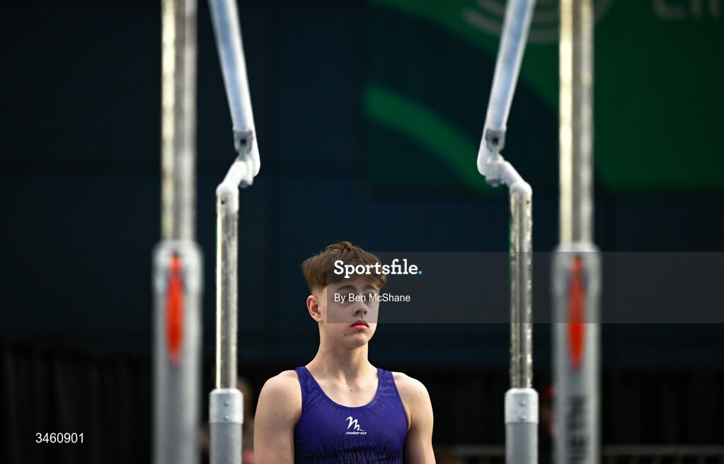 17 May 2026; Misha Tinhev of Excel GC competes in the Parallel Bars during the Gymnastics Ireland National Series Sport Ireland National Indoor Arena on the Sport Ireland Campus in Dublin. Photo by Ben McShane/Sportsfile