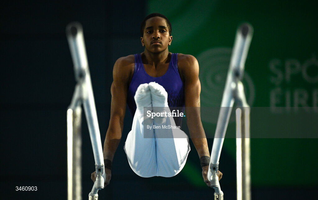 17 May 2026; Frederick Davies-Vaneetvelde of Excel GC competes in the Parallel Bars during the Gymnastics Ireland National Series Sport Ireland National Indoor Arena on the Sport Ireland Campus in Dublin. Photo by Ben McShane/Sportsfile