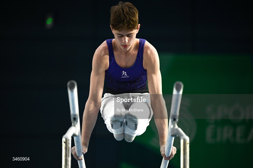 17 May 2026; Misha Tinhev of Excel GC competes in the Parallel Bars during the Gymnastics Ireland National Series Sport Ireland National Indoor Arena on the Sport Ireland Campus in Dublin. Photo by Ben McShane/Sportsfile