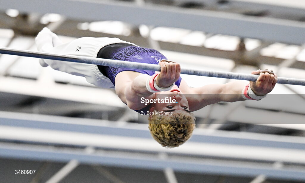 17 May 2026; Louis McDonagh of Excel GC competes in the Horizontal Bar during the Gymnastics Ireland National Series Sport Ireland National Indoor Arena on the Sport Ireland Campus in Dublin. Photo by Ben McShane/Sportsfile