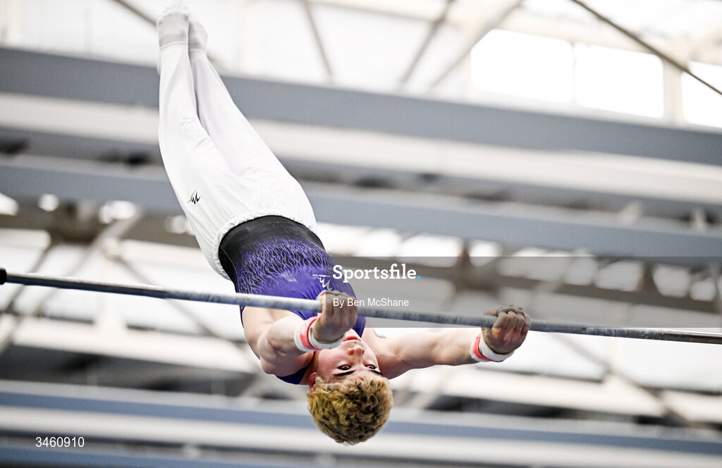 17 May 2026; Louis McDonagh of Excel GC competes in the Horizontal Bar during the Gymnastics Ireland National Series Sport Ireland National Indoor Arena on the Sport Ireland Campus in Dublin. Photo by Ben McShane/Sportsfile
