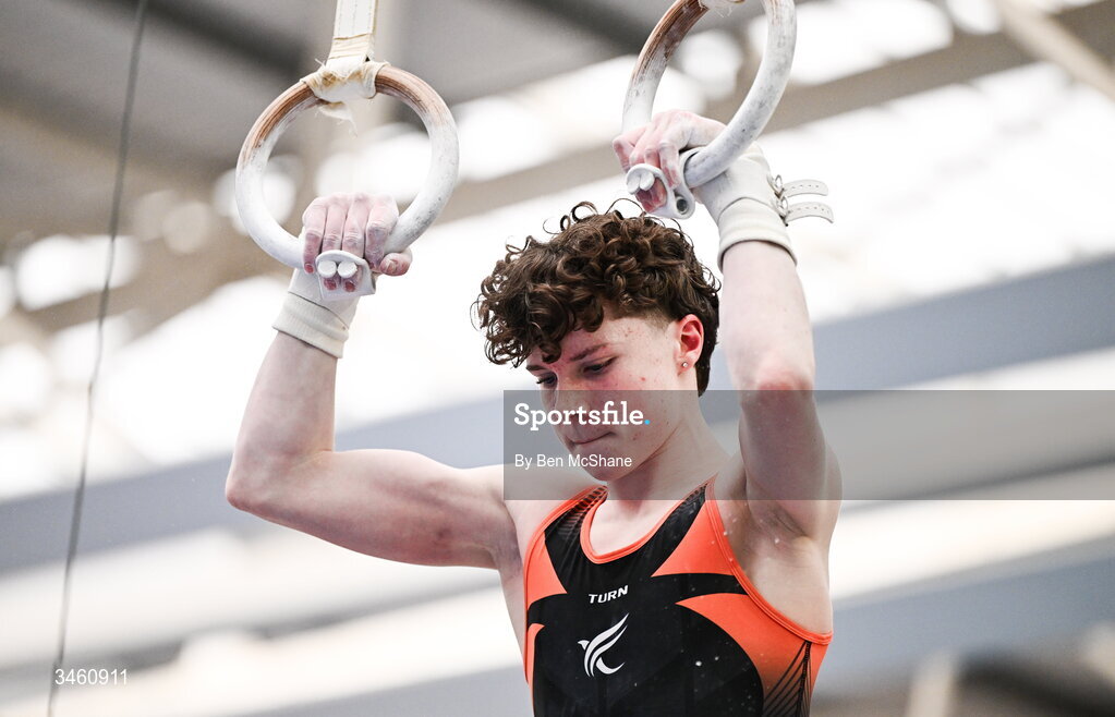 17 May 2026; Robert Ward of Phoenix GC competes in the Rings during the Gymnastics Ireland National Series Sport Ireland National Indoor Arena on the Sport Ireland Campus in Dublin. Photo by Ben McShane/Sportsfile
