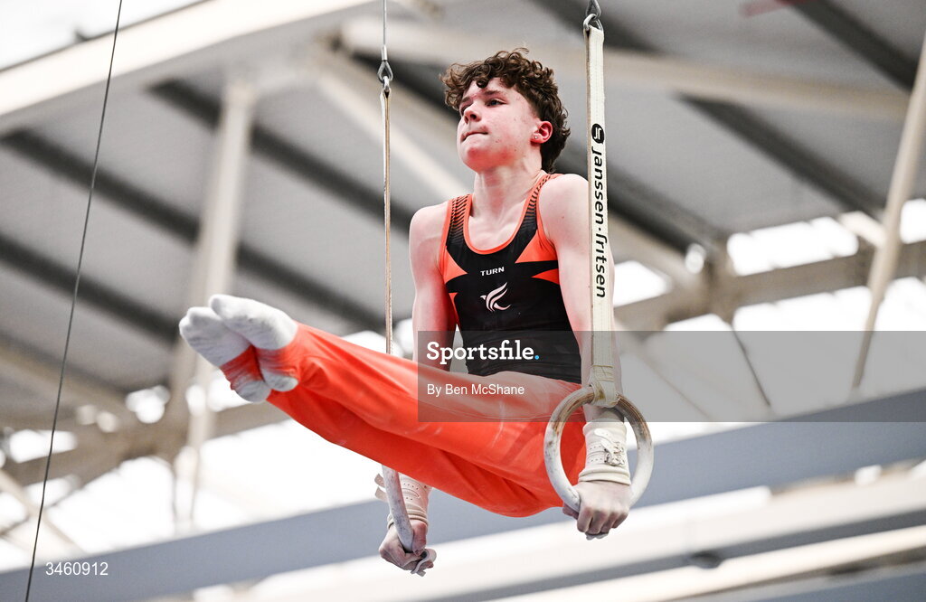 17 May 2026; Robert Ward of Phoenix GC competes in the Rings during the Gymnastics Ireland National Series Sport Ireland National Indoor Arena on the Sport Ireland Campus in Dublin. Photo by Ben McShane/Sportsfile