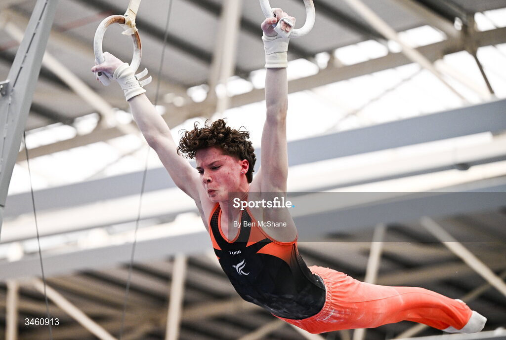 17 May 2026; Robert Ward of Phoenix GC competes in the Rings during the Gymnastics Ireland National Series Sport Ireland National Indoor Arena on the Sport Ireland Campus in Dublin. Photo by Ben McShane/Sportsfile