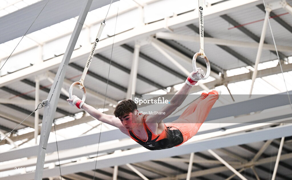 17 May 2026; Cillian Bergin of Phoenix GC competes in the Rings during the Gymnastics Ireland National Series Sport Ireland National Indoor Arena on the Sport Ireland Campus in Dublin. Photo by Ben McShane/Sportsfile