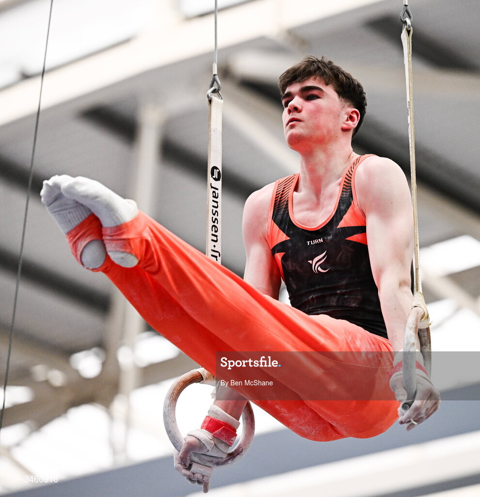 17 May 2026; Cillian Bergin of Phoenix GC competes in the Rings during the Gymnastics Ireland National Series Sport Ireland National Indoor Arena on the Sport Ireland Campus in Dublin. Photo by Ben McShane/Sportsfile