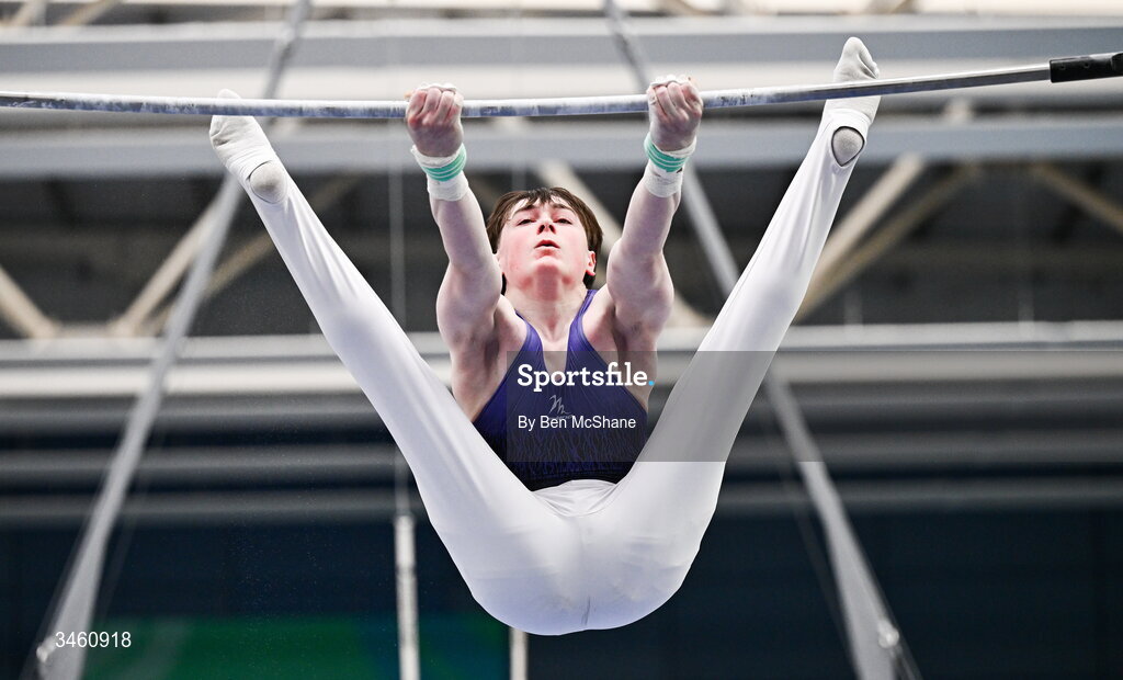 17 May 2026; Evan Kinsella of Excel GC competes in the Horizontal Bar during the Gymnastics Ireland National Series Sport Ireland National Indoor Arena on the Sport Ireland Campus in Dublin. Photo by Ben McShane/Sportsfile