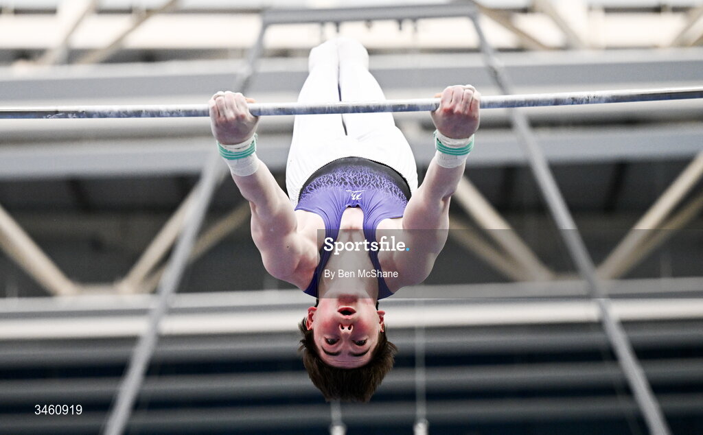 17 May 2026; Evan Kinsella of Excel GC competes in the Horizontal Bar during the Gymnastics Ireland National Series Sport Ireland National Indoor Arena on the Sport Ireland Campus in Dublin. Photo by Ben McShane/Sportsfile