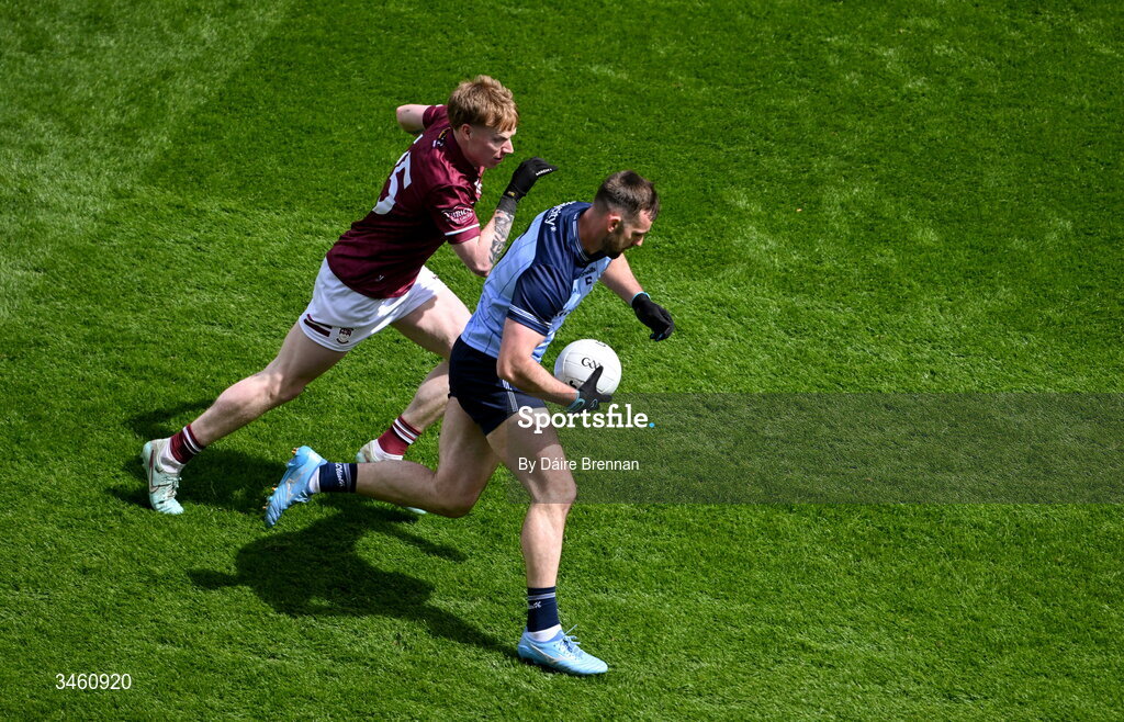 17 May 2026; Seán McMahon of Dublin in action against Brandon Kelly of Westmeath during the Leinster GAA Football Senior Championship final match between Dublin and Westmeath at Croke Park in Dublin. Photo by Daire Brennan/Sportsfile