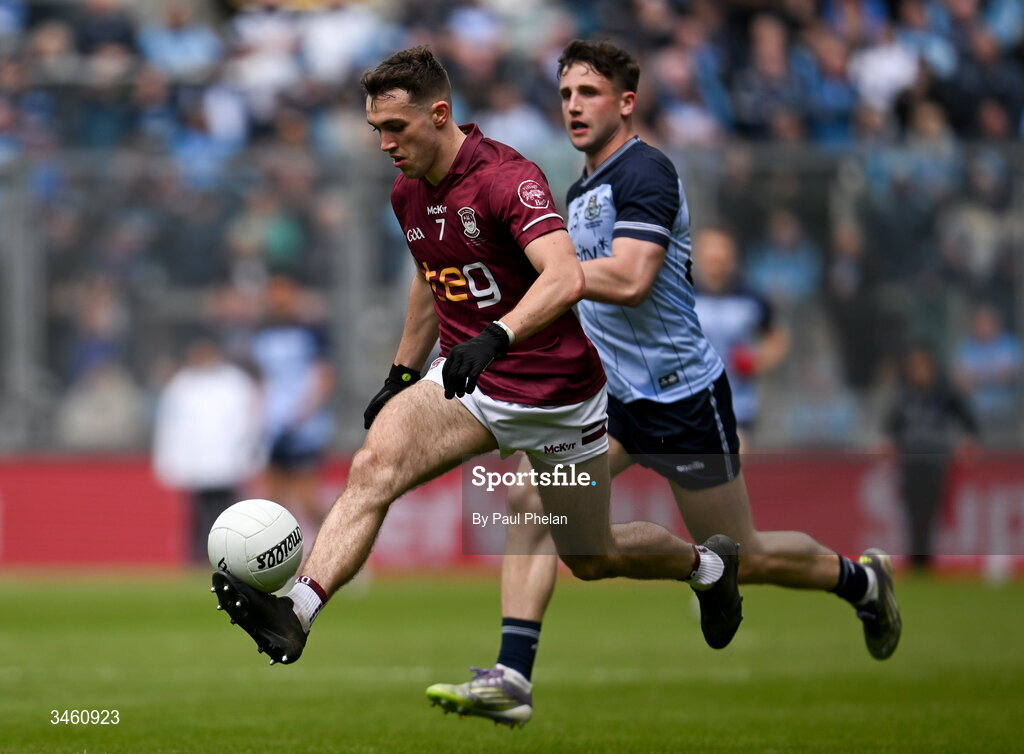 17 May 2026; Matthew Whittaker of Westmeath in action against Luke Breathnach of Dublin during the Leinster GAA Football Senior Championship final match between Dublin and Westmeath at Croke Park in Dublin. Photo by Paul Phelan/Sportsfile