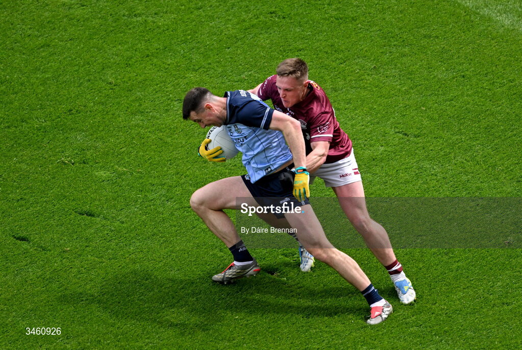 17 May 2026; Cormac Costello of Dublin in action against Conor Dillon of Westmeath during the Leinster GAA Football Senior Championship final match between Dublin and Westmeath at Croke Park in Dublin. Photo by Daire Brennan/Sportsfile