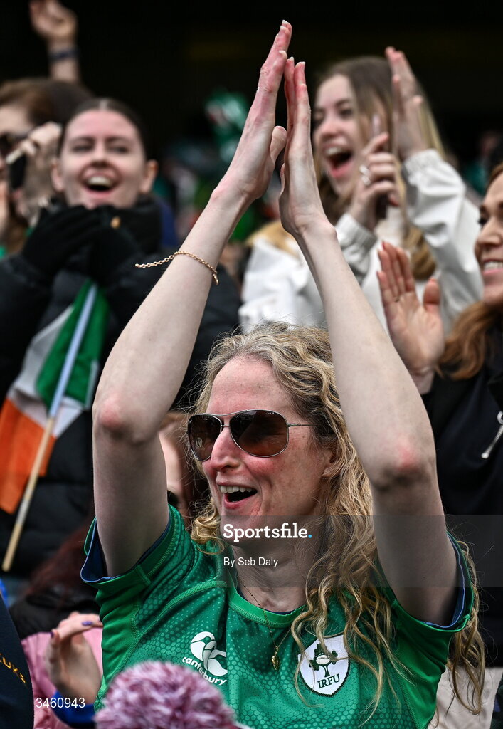 17 May 2026; Ireland supporters during the Women's 6 Nations Rugby Championship match between Ireland and Scotland at the Aviva Stadium in Dublin. Photo by Seb Daly/Sportsfile