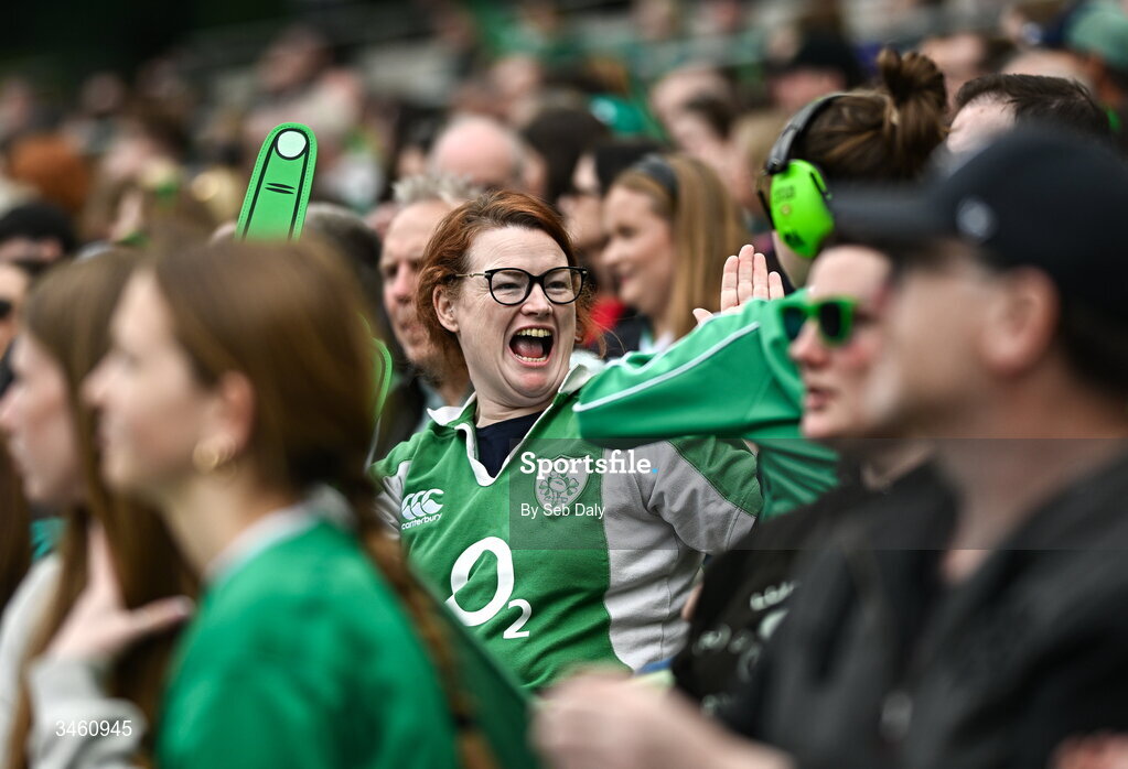 17 May 2026; Ireland supporters during the Women's 6 Nations Rugby Championship match between Ireland and Scotland at the Aviva Stadium in Dublin. Photo by Seb Daly/Sportsfile