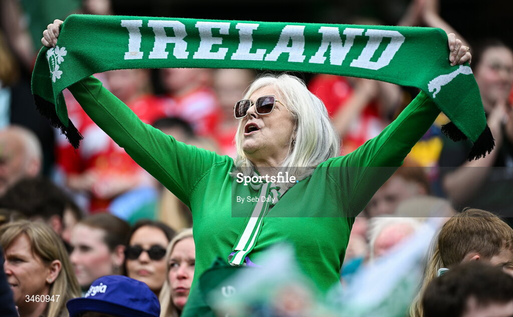17 May 2026; Ireland supporters during the Women's 6 Nations Rugby Championship match between Ireland and Scotland at the Aviva Stadium in Dublin. Photo by Seb Daly/Sportsfile