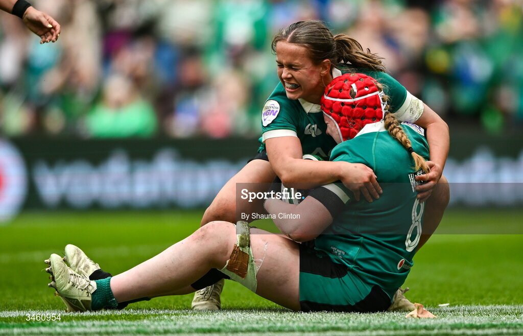 17 May 2026; Aoife Wafer of Ireland, right, is congratulated by team-mate Robyn O'Connor after scoring her side's sixth try during the Women's 6 Nations Rugby Championship match between Ireland and Scotland at the Aviva Stadium in Dublin. Photo by Shauna Clinton/Sportsfile