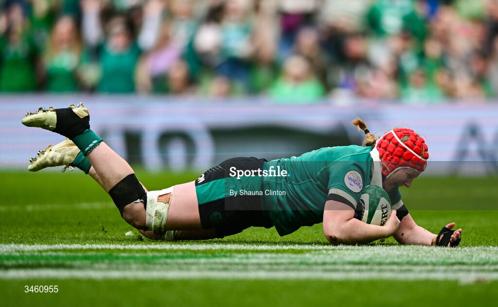 17 May 2026; Aoife Wafer of Ireland scores her side's sixth try during the Women's 6 Nations Rugby Championship match between Ireland and Scotland at the Aviva Stadium in Dublin. Photo by Shauna Clinton/Sportsfile