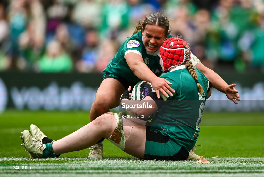 17 May 2026; Aoife Wafer of Ireland, right, is congratulated by team-mate Robyn O'Connor after scoring her side's sixth try during the Women's 6 Nations Rugby Championship match between Ireland and Scotland at the Aviva Stadium in Dublin. Photo by Shauna Clinton/Sportsfile