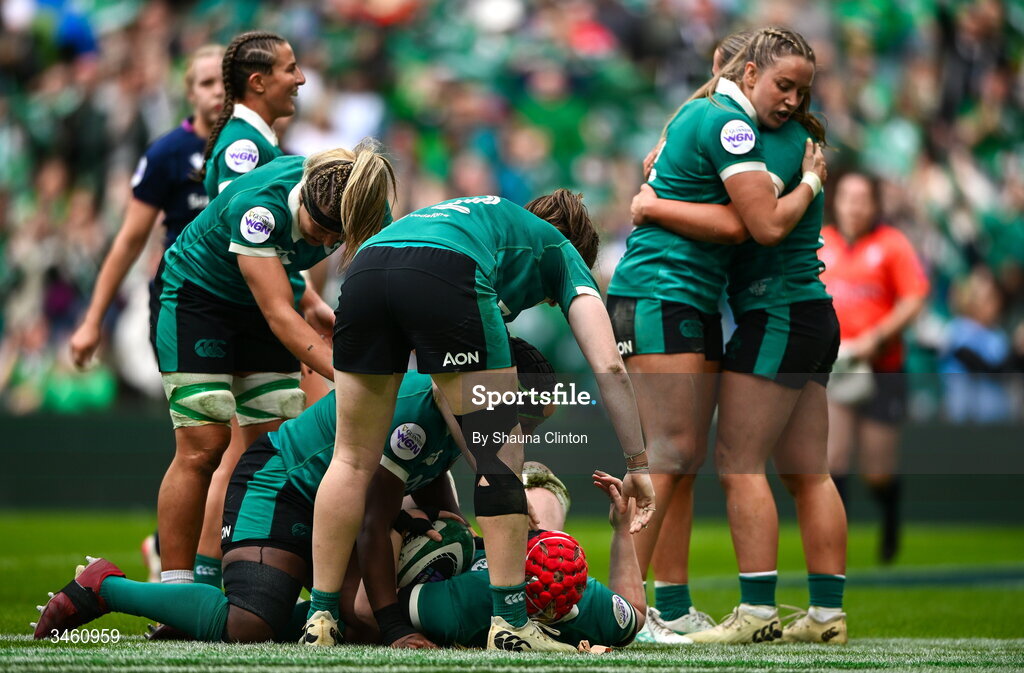 17 May 2026; Aoife Wafer of Ireland, centre, is congratulated by team-mates after scoring her side's sixth try during the Women's 6 Nations Rugby Championship match between Ireland and Scotland at the Aviva Stadium in Dublin. Photo by Shauna Clinton/Sportsfile