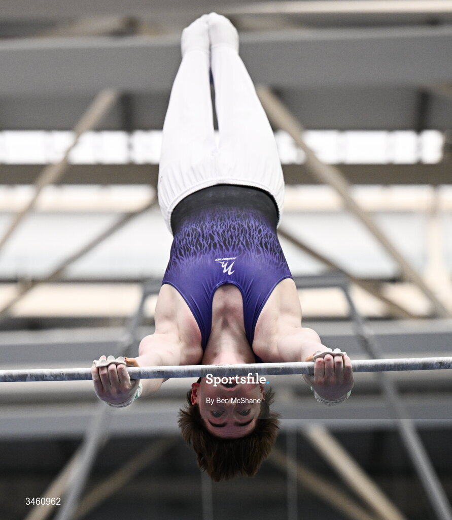 17 May 2026; Evan Kinsella of Excel GC competes in the Horizontal Bar during the Gymnastics Ireland National Series Sport Ireland National Indoor Arena on the Sport Ireland Campus in Dublin. Photo by Ben McShane/Sportsfile