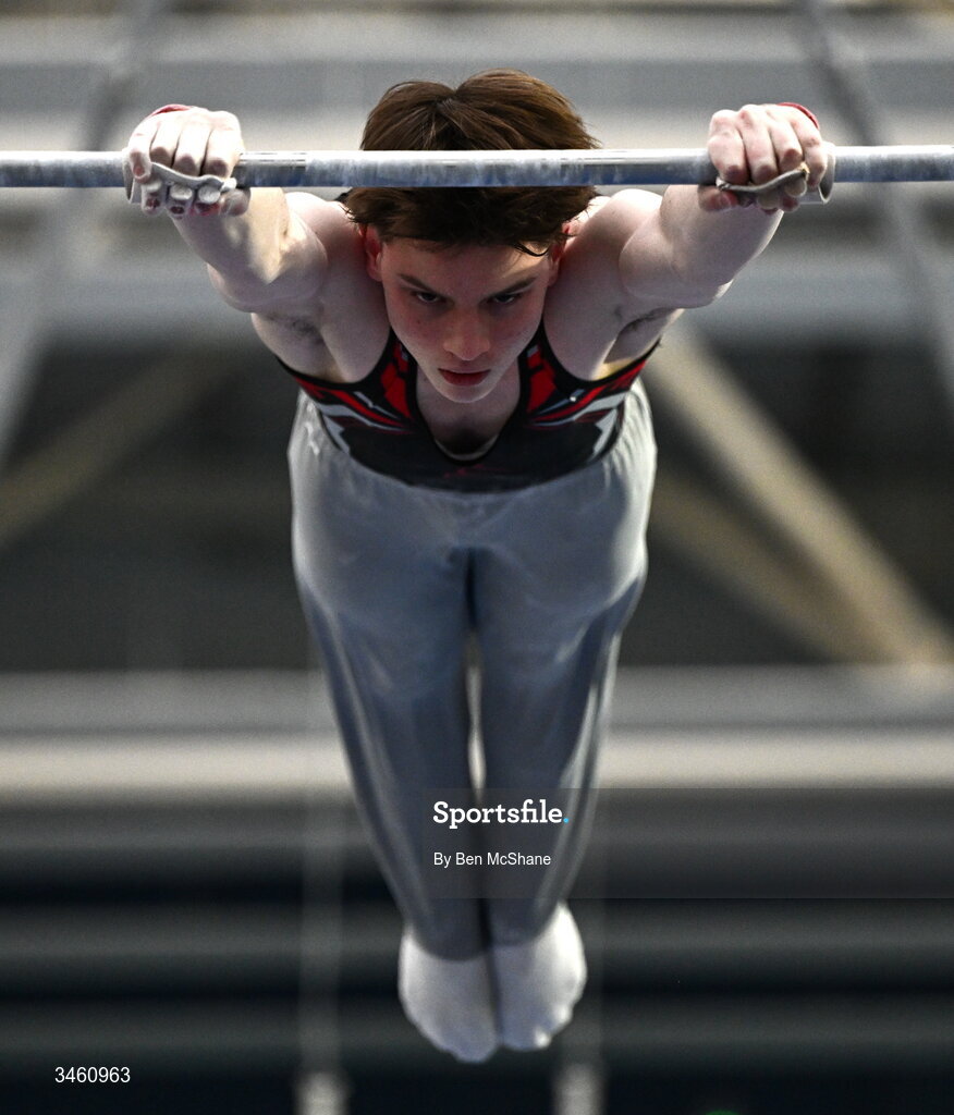 17 May 2026; Milo Wallace-Dunn of Salto GC competes in the Horizontal Bar during the Gymnastics Ireland National Series Sport Ireland National Indoor Arena on the Sport Ireland Campus in Dublin. Photo by Ben McShane/Sportsfile