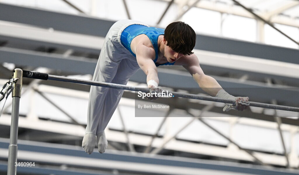 17 May 2026; Finlay Hazleton of Origin Gymnastics competes in the Horizontal Bar during the Gymnastics Ireland National Series Sport Ireland National Indoor Arena on the Sport Ireland Campus in Dublin. Photo by Ben McShane/Sportsfile