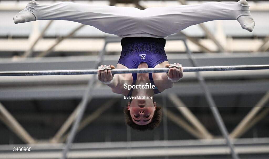 17 May 2026; Evan Kinsella of Excel GC competes in the Horizontal Bar during the Gymnastics Ireland National Series Sport Ireland National Indoor Arena on the Sport Ireland Campus in Dublin. Photo by Ben McShane/Sportsfile