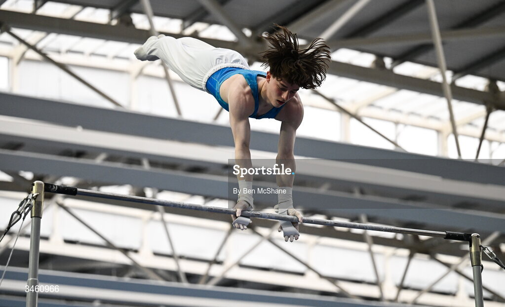 17 May 2026; Finlay Hazleton of Origin Gymnastics competes in the Horizontal Bar during the Gymnastics Ireland National Series Sport Ireland National Indoor Arena on the Sport Ireland Campus in Dublin. Photo by Ben McShane/Sportsfile