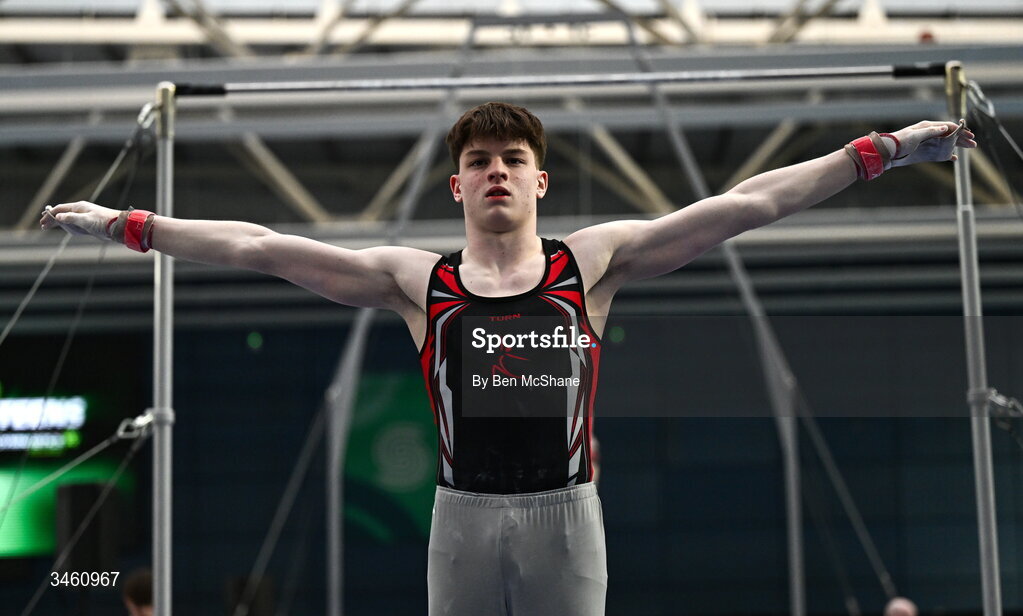 17 May 2026; Milo Wallace-Dunn of Salto GC competes in the Horizontal Bar during the Gymnastics Ireland National Series Sport Ireland National Indoor Arena on the Sport Ireland Campus in Dublin. Photo by Ben McShane/Sportsfile