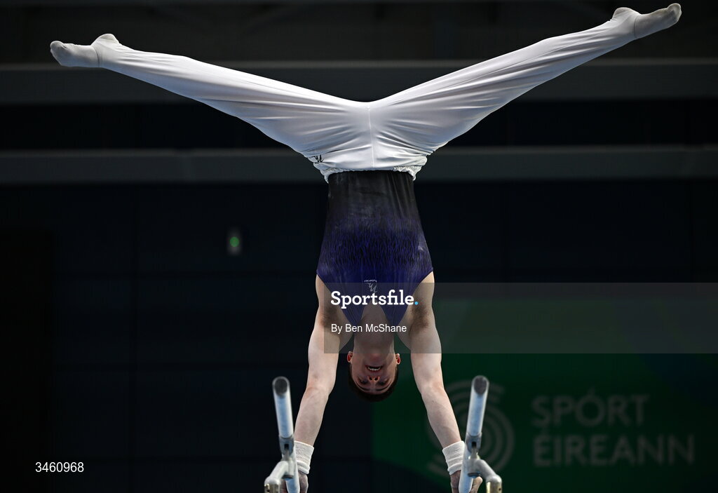 17 May 2026; Jack Sheehan of Excel GC competes in the Parallel Bars during the Gymnastics Ireland National Series Sport Ireland National Indoor Arena on the Sport Ireland Campus in Dublin. Photo by Ben McShane/Sportsfile