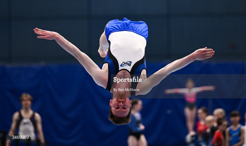 17 May 2026; Cian Hayes of RGC competes in the Tumbling event during the Gymnastics Ireland National Series Sport Ireland National Indoor Arena on the Sport Ireland Campus in Dublin. Photo by Ben McShane/Sportsfile
