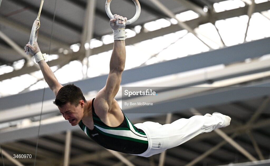 17 May 2026; Jerry Balaz of Douglas GC competes in the Rings during the Gymnastics Ireland National Series Sport Ireland National Indoor Arena on the Sport Ireland Campus in Dublin. Photo by Ben McShane/Sportsfile
