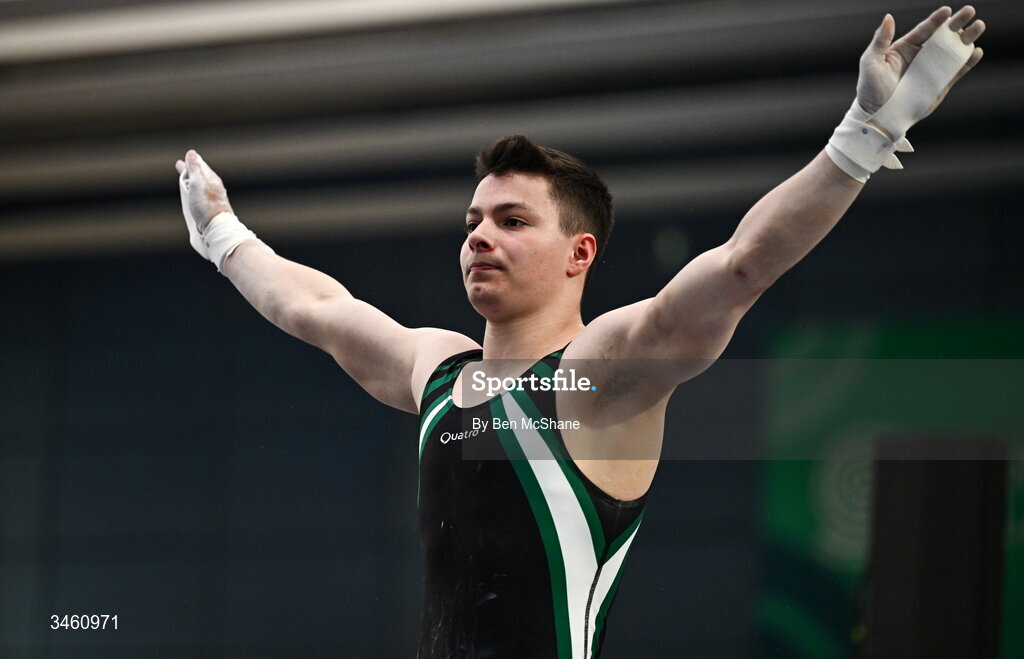 17 May 2026; Jerry Balaz of Douglas GC after competing in the Rings during the Gymnastics Ireland National Series Sport Ireland National Indoor Arena on the Sport Ireland Campus in Dublin. Photo by Ben McShane/Sportsfile