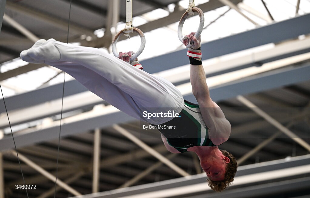 17 May 2026; Fionn McCarthy of Douglas GC competes in the Rings during the Gymnastics Ireland National Series Sport Ireland National Indoor Arena on the Sport Ireland Campus in Dublin. Photo by Ben McShane/Sportsfile