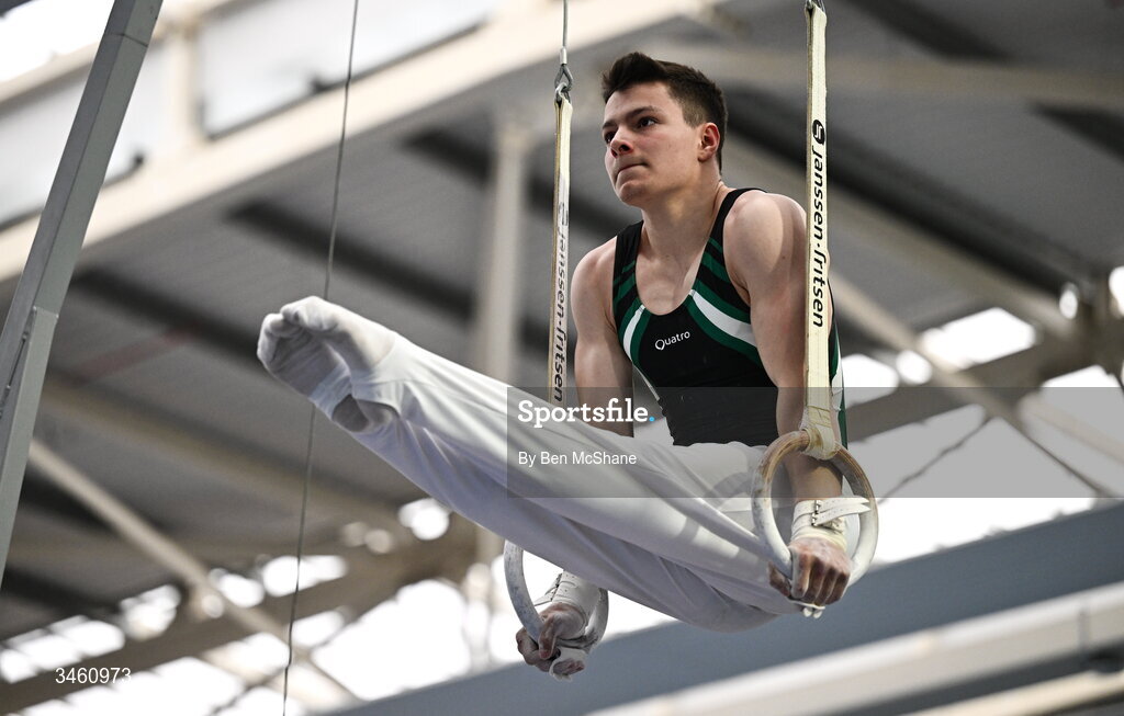 17 May 2026; Jerry Balaz of Douglas GC competes in the Rings during the Gymnastics Ireland National Series Sport Ireland National Indoor Arena on the Sport Ireland Campus in Dublin. Photo by Ben McShane/Sportsfile