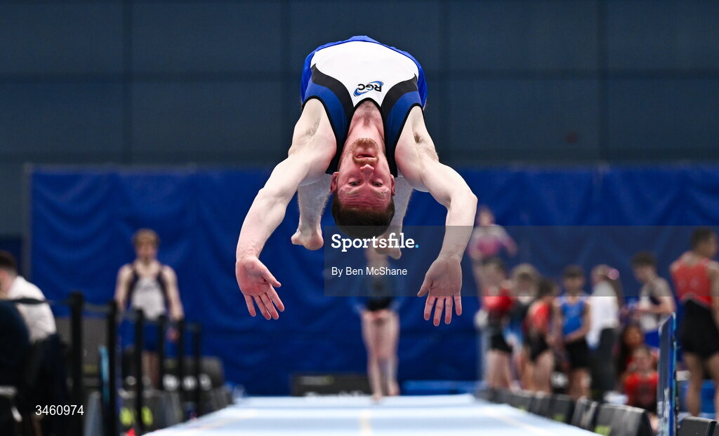 17 May 2026; Cian Hayes of RGC competes in the Tumbling event during the Gymnastics Ireland National Series Sport Ireland National Indoor Arena on the Sport Ireland Campus in Dublin. Photo by Ben McShane/Sportsfile