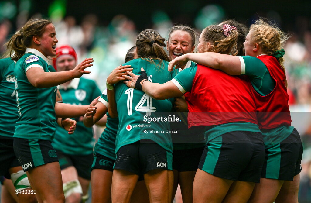 17 May 2026; Stacey Flood of Ireland, centre, is congratulated by team-mates after scoring her side's fifth try during the Women's 6 Nations Rugby Championship match between Ireland and Scotland at the Aviva Stadium in Dublin. Photo by Shauna Clinton/Sportsfile