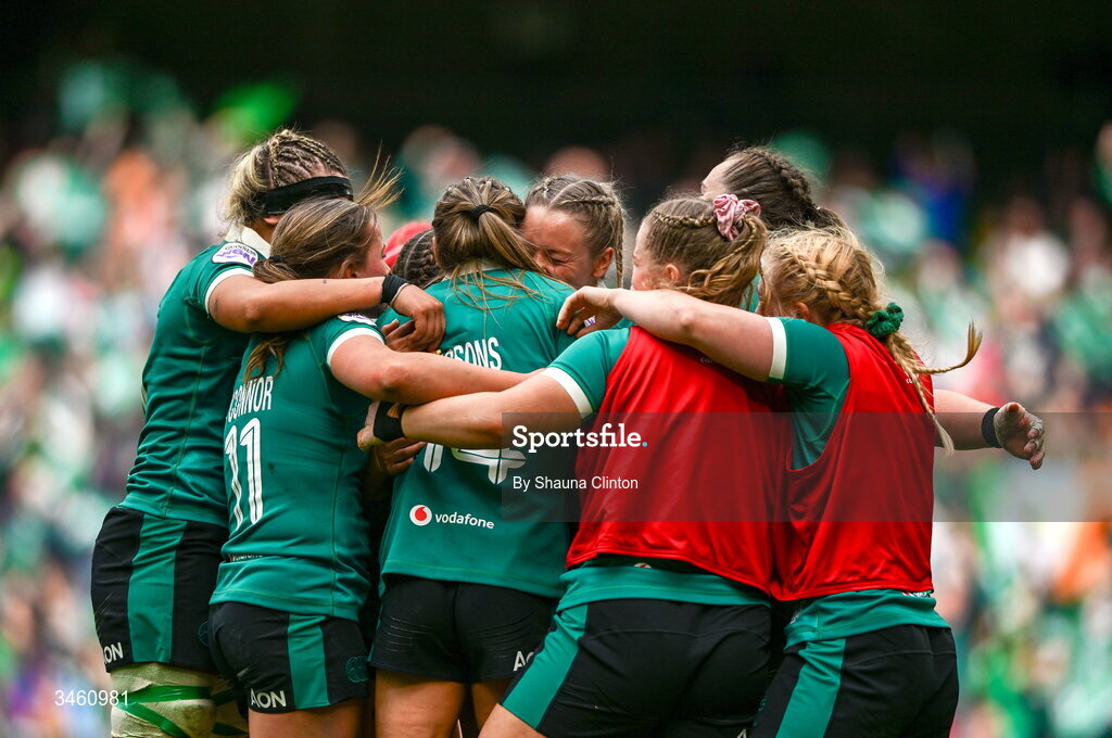 17 May 2026; Stacey Flood of Ireland, centre, is congratulated by team-mates after scoring her side's fifth try during the Women's 6 Nations Rugby Championship match between Ireland and Scotland at the Aviva Stadium in Dublin. Photo by Shauna Clinton/Sportsfile