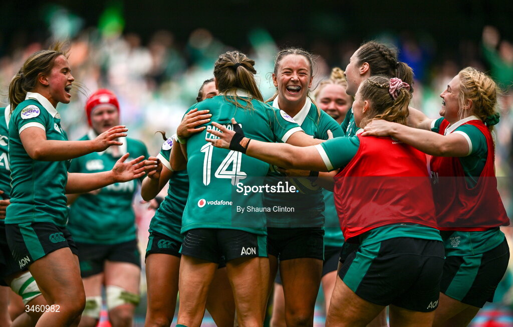 17 May 2026; Stacey Flood of Ireland, centre, is congratulated by team-mates after scoring her side's fifth try during the Women's 6 Nations Rugby Championship match between Ireland and Scotland at the Aviva Stadium in Dublin. Photo by Shauna Clinton/Sportsfile