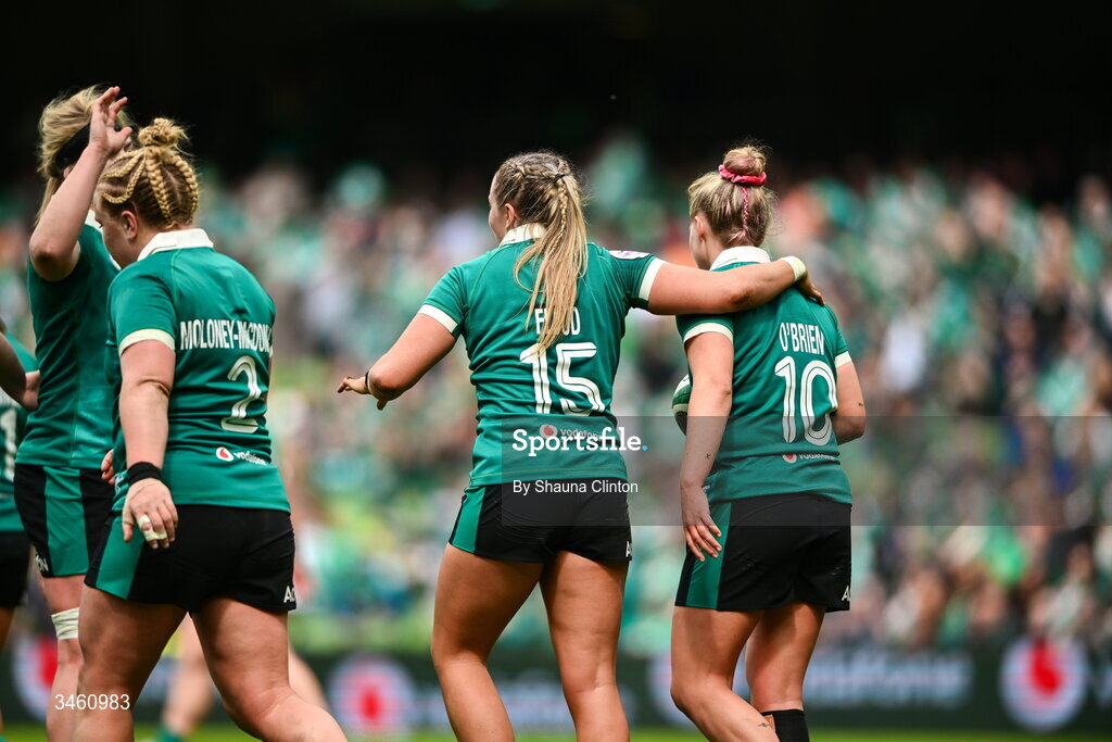 17 May 2026; Stacey Flood of Ireland, centre, is congratulated by team-mates after scoring her side's fifth try during the Women's 6 Nations Rugby Championship match between Ireland and Scotland at the Aviva Stadium in Dublin. Photo by Shauna Clinton/Sportsfile