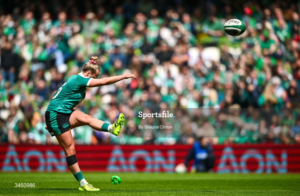 17 May 2026; Dannah O'Brien of Ireland kicks a conversion during the Women's 6 Nations Rugby Championship match between Ireland and Scotland at the Aviva Stadium in Dublin. Photo by Shauna Clinton/Sportsfile