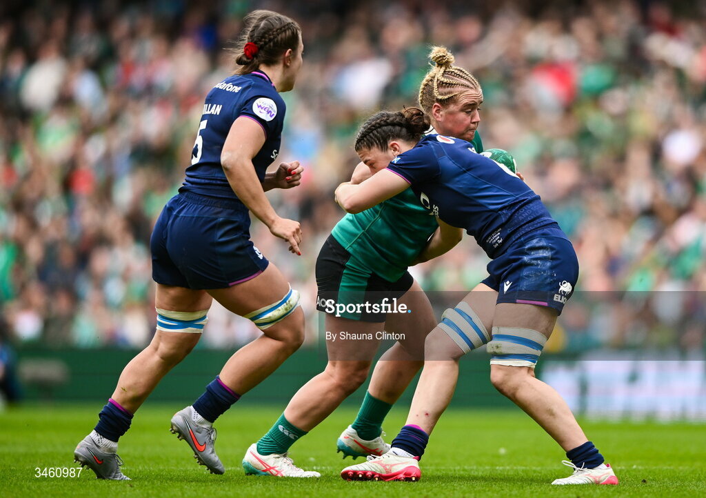 17 May 2026; Cliodhna Moloney MacDonald of Ireland in action against Becky Boyd of Scotland during the Women's 6 Nations Rugby Championship match between Ireland and Scotland at the Aviva Stadium in Dublin. Photo by Shauna Clinton/Sportsfile