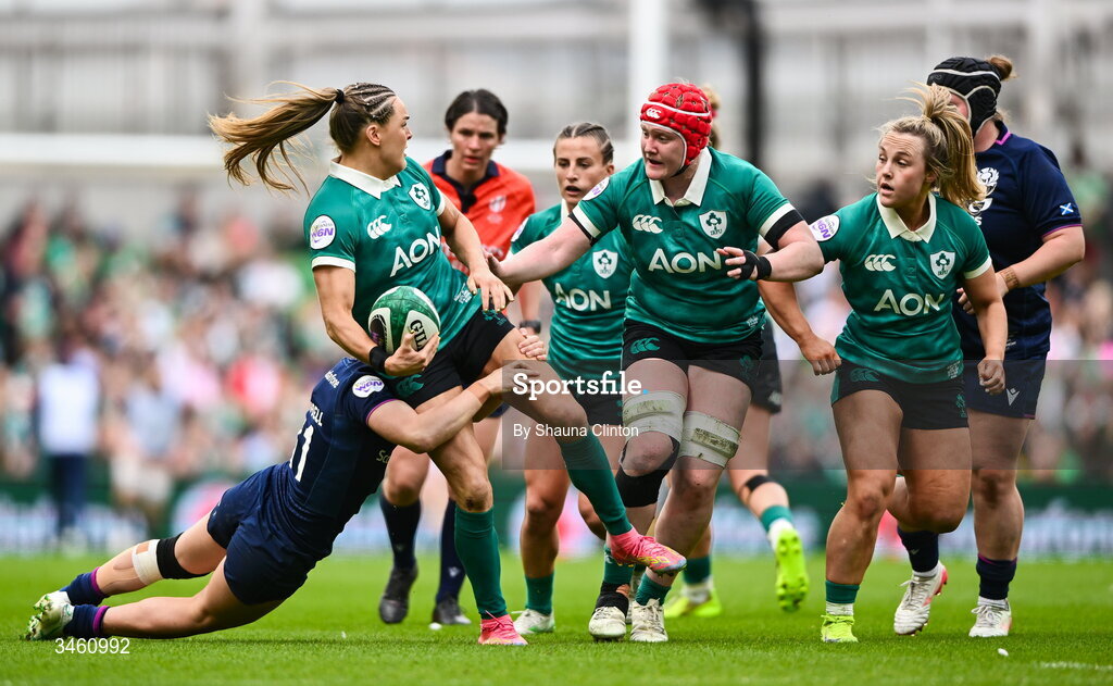 17 May 2026; Béibhinn Parsons of Ireland is tackled by Shona Campbell of Scotland during the Women's 6 Nations Rugby Championship match between Ireland and Scotland at the Aviva Stadium in Dublin. Photo by Shauna Clinton/Sportsfile