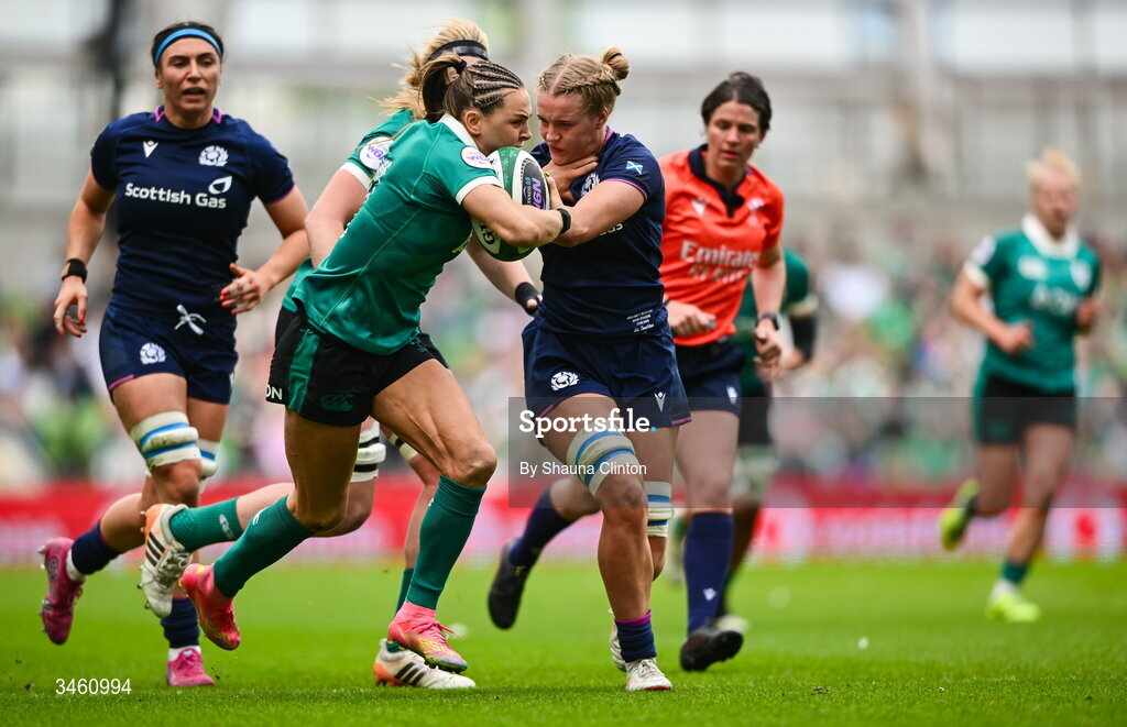 17 May 2026; Béibhinn Parsons of Ireland is tackled by Shona Campbell of Scotland during the Women's 6 Nations Rugby Championship match between Ireland and Scotland at the Aviva Stadium in Dublin. Photo by Shauna Clinton/Sportsfile
